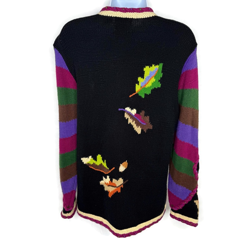 Storybook Knits Black Fall Cardigan with Vibrant Colors and Ornate Details Med - Picture 2 of 10